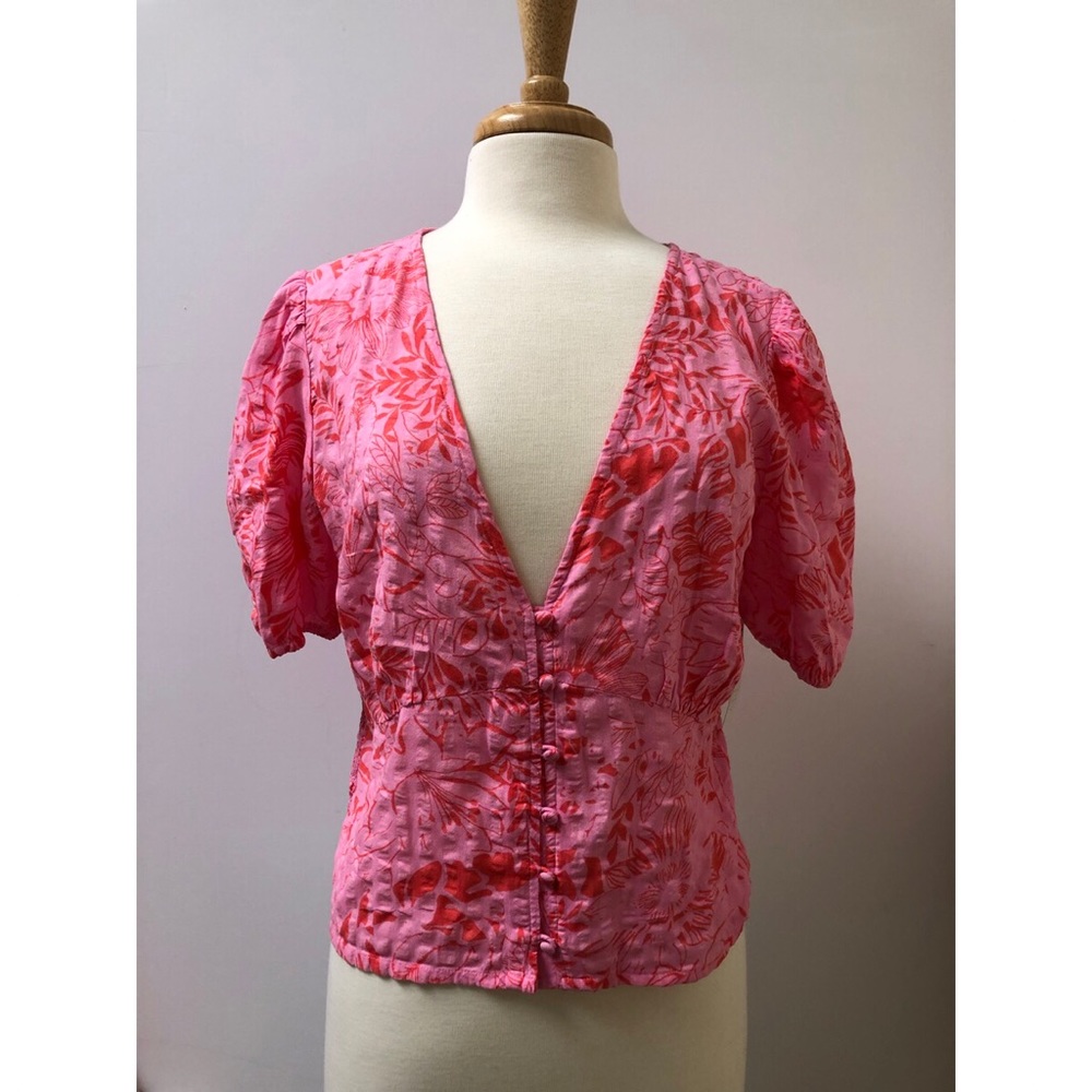 Pink and Orange Floral Seersucker Crop Blouse